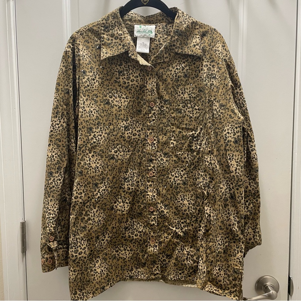 VINTAGE Quacker Factory cheetah print ladies button down shirt size 1X